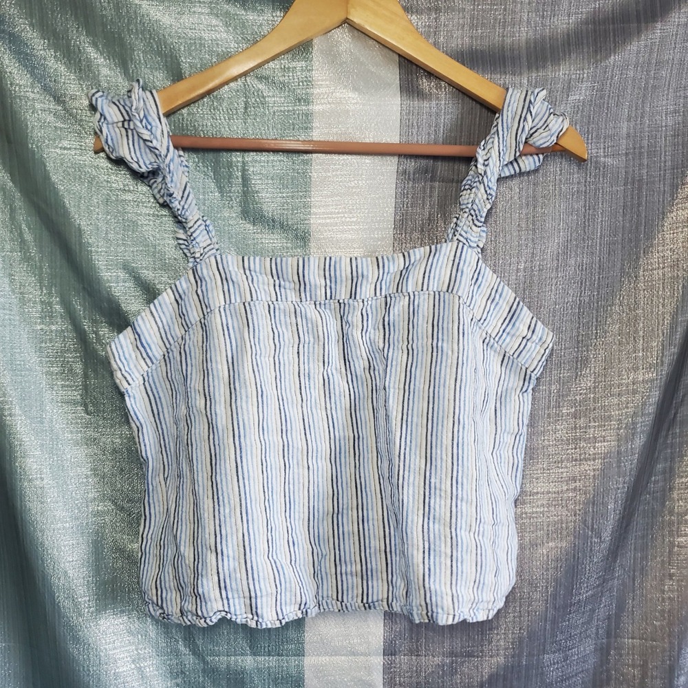 Line‎ and Dot Blue White Striped 100% Linen Ruffle Strap Button Back Crop Top M